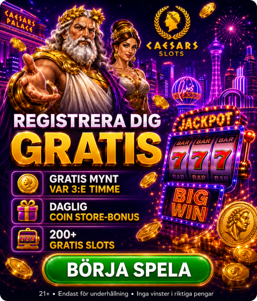 Caesars Slots registreringsbanner med romerska karaktÀrer, spelautomat och neonljus